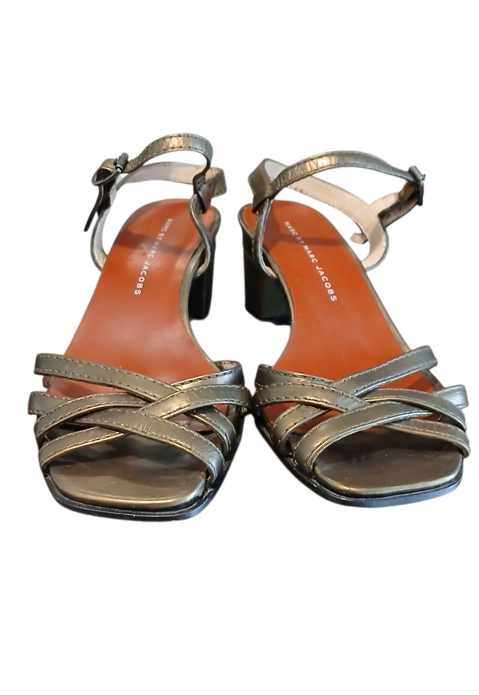 Marc By Marc Jacobs Metallic Strappy Low Block Heels Bronze Brown Sandals Sz 6.5